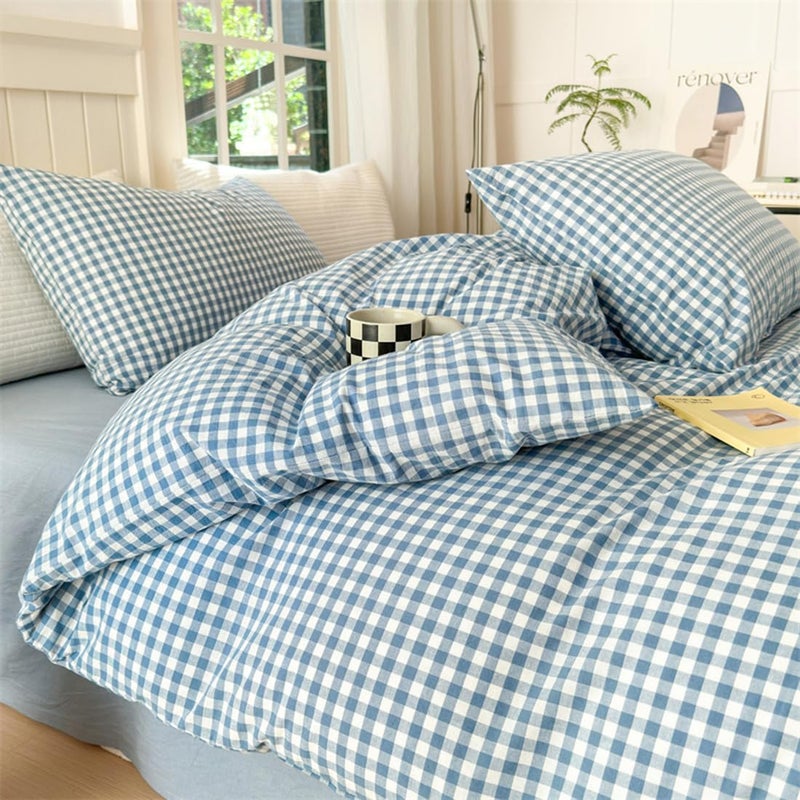 Mucalis Blue Gingham Duvet Cover King 100% Washed Cotton Blue White Plaid Checkered Duvet Cover Set Modern 3 Piece Grid Bedding Set with Zipper Closure Corner Ties,Durable,Breathable,Easy Care - Image 3
