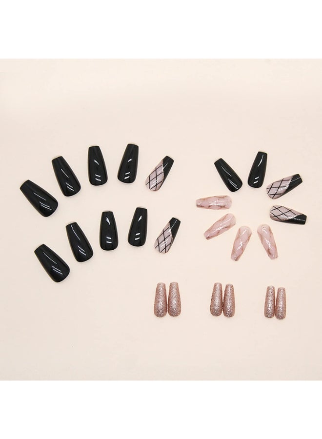 TBRZTR Black Medium Length Square Press on Nails Artificial Acrylic Fake Nails with Black Gold Line Designs Full Cover Reusable Coffin False Nails Set Women Stick on Nails Glue on Nails for Nails Art - Image 4