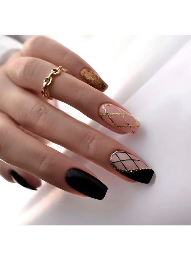 TBRZTR Black Medium Length Square Press on Nails Artificial Acrylic Fake Nails with Black Gold Line Designs Full Cover Reusable Coffin False Nails Set Women Stick on Nails Glue on Nails for Nails Art - Image 2