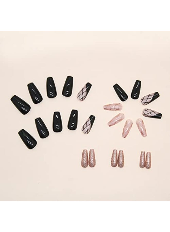 TBRZTR Black Medium Length Square Press on Nails Artificial Acrylic Fake Nails with Black Gold Line Designs Full Cover Reusable Coffin False Nails Set Women Stick on Nails Glue on Nails for Nails Art - Image 3
