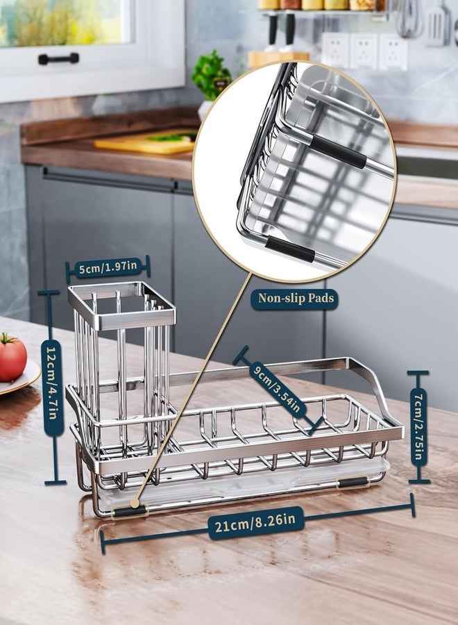 vulrian Stainless Steel Sink Organizer with Drain Tray – Kitchen & Wash Basin Soap Stand, Adhesive Wall Mount Sponge Holder, Brush and Cup Storage Rack (Silver) - Image 2