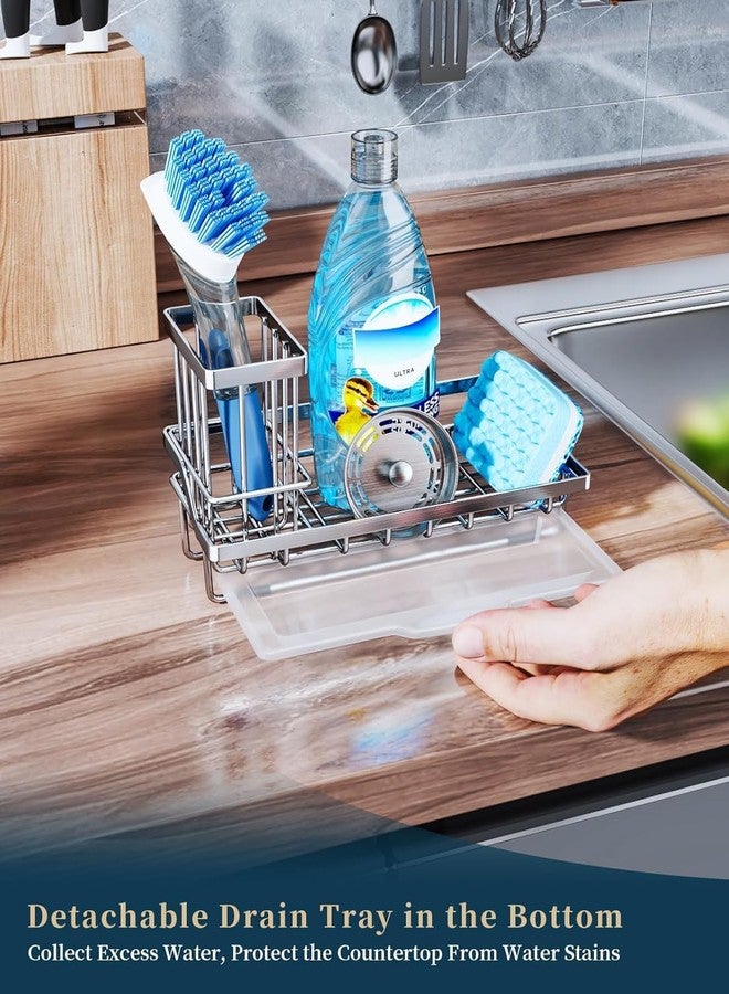 vulrian Stainless Steel Sink Organizer with Drain Tray – Kitchen & Wash Basin Soap Stand, Adhesive Wall Mount Sponge Holder, Brush and Cup Storage Rack (Silver) - Image 3