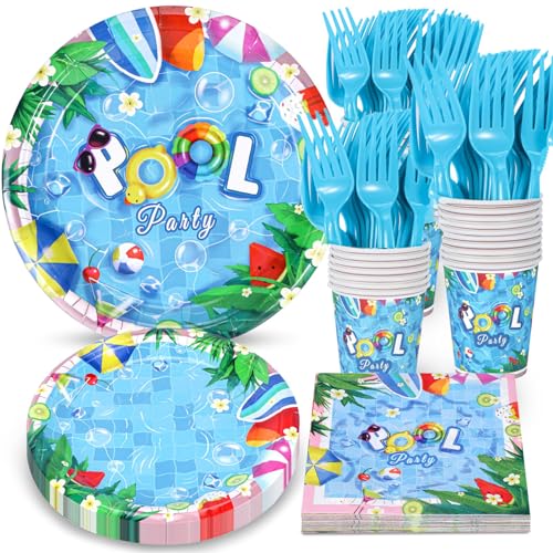 Atonofun Pool Party Supplies Pool Plates and Napkins Set Disposable Plates Cups Napkins and Forks for Birthday Baby Shower Summer Beach Pool Themed Party Decorations Serves 24 - Image 1