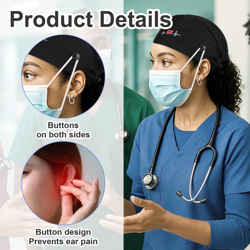YBEATY 3 Pcs Working Caps Nurse Scrub Hats with Buttons Sweatband Adjustable Elastic Bandage Tie Hats for Women Men Dentist Dark Blue - Image 3