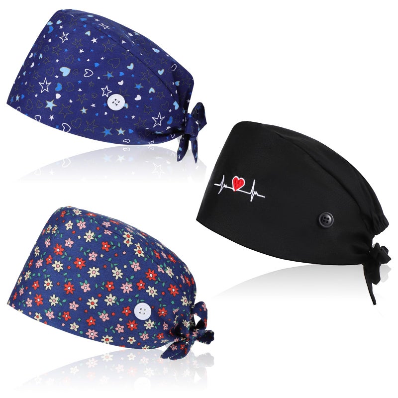 YBEATY 3 Pcs Working Caps Nurse Scrub Hats with Buttons Sweatband Adjustable Elastic Bandage Tie Hats for Women Men Dentist Dark Blue - Image 1