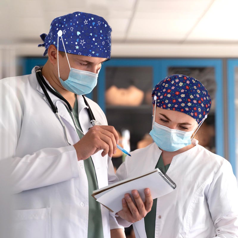 YBEATY 3 Pcs Working Caps Nurse Scrub Hats with Buttons Sweatband Adjustable Elastic Bandage Tie Hats for Women Men Dentist Dark Blue - Image 5