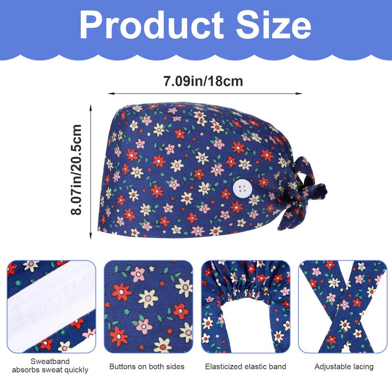 YBEATY 3 Pcs Working Caps Nurse Scrub Hats with Buttons Sweatband Adjustable Elastic Bandage Tie Hats for Women Men Dentist Dark Blue - Image 2