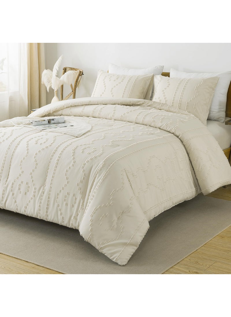 Andency Andency Beige Tufted Comforter Set Queen(90x90Inch)  3 Pieces(1 Boho Comforter  2 Pillowcases) Textured Farmhouse Comforter  Soft Microfiber Down Alternative Geometric Comforter Bedding Set  - Image 1