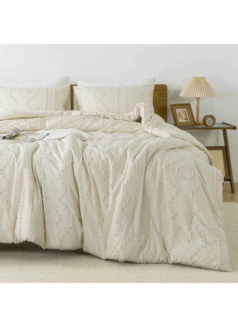 Andency Andency Beige Tufted Comforter Set Queen(90x90Inch)  3 Pieces(1 Boho Comforter  2 Pillowcases) Textured Farmhouse Comforter  Soft Microfiber Down Alternative Geometric Comforter Bedding Set  - Image 2