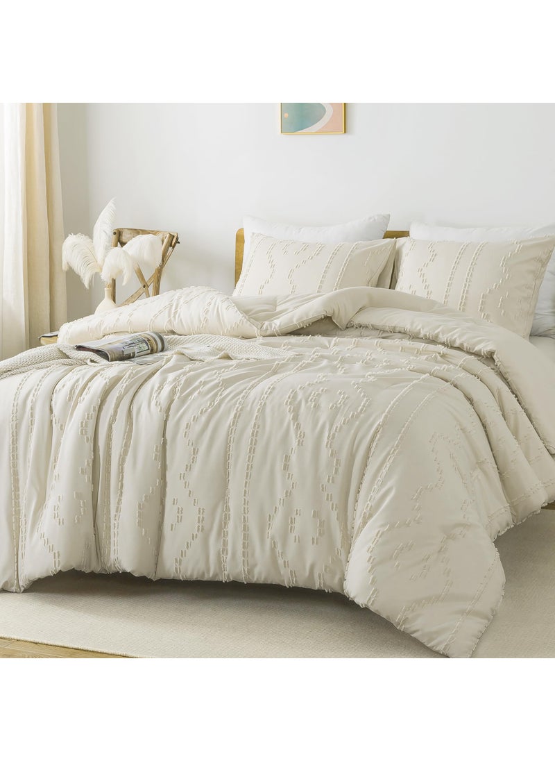 Andency Andency Beige Tufted Comforter Set Queen(90x90Inch)  3 Pieces(1 Boho Comforter  2 Pillowcases) Textured Farmhouse Comforter  Soft Microfiber Down Alternative Geometric Comforter Bedding Set  - Image 3