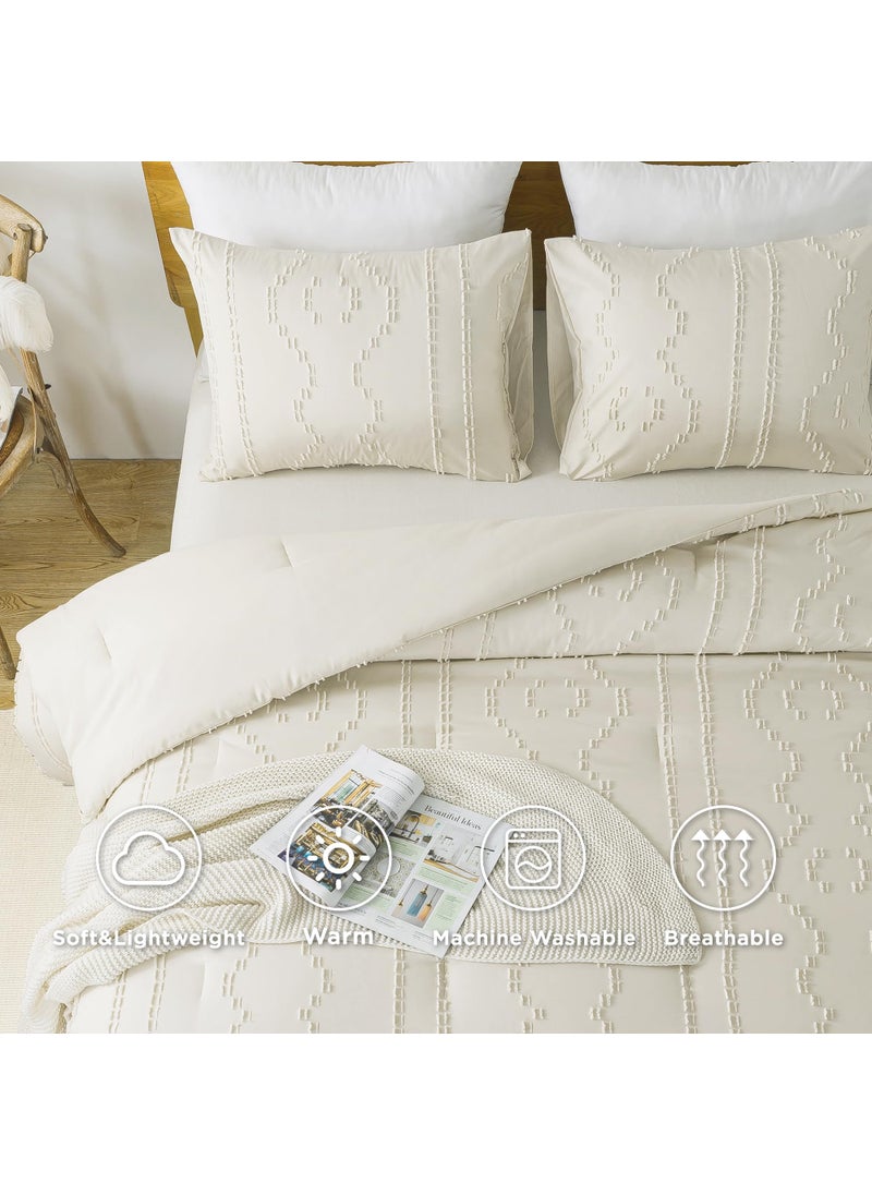 Andency Andency Beige Tufted Comforter Set Queen(90x90Inch)  3 Pieces(1 Boho Comforter  2 Pillowcases) Textured Farmhouse Comforter  Soft Microfiber Down Alternative Geometric Comforter Bedding Set  - Image 5