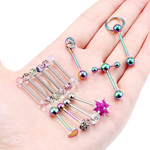 Hoeudjo 13Pcs 14G Surgical Steel Tongue Rings Teaser Double Barbell with Slave Ring Body Piercing Jewelry for Women Men 16mm Rainbow Heart Diamond Flower - Image 3