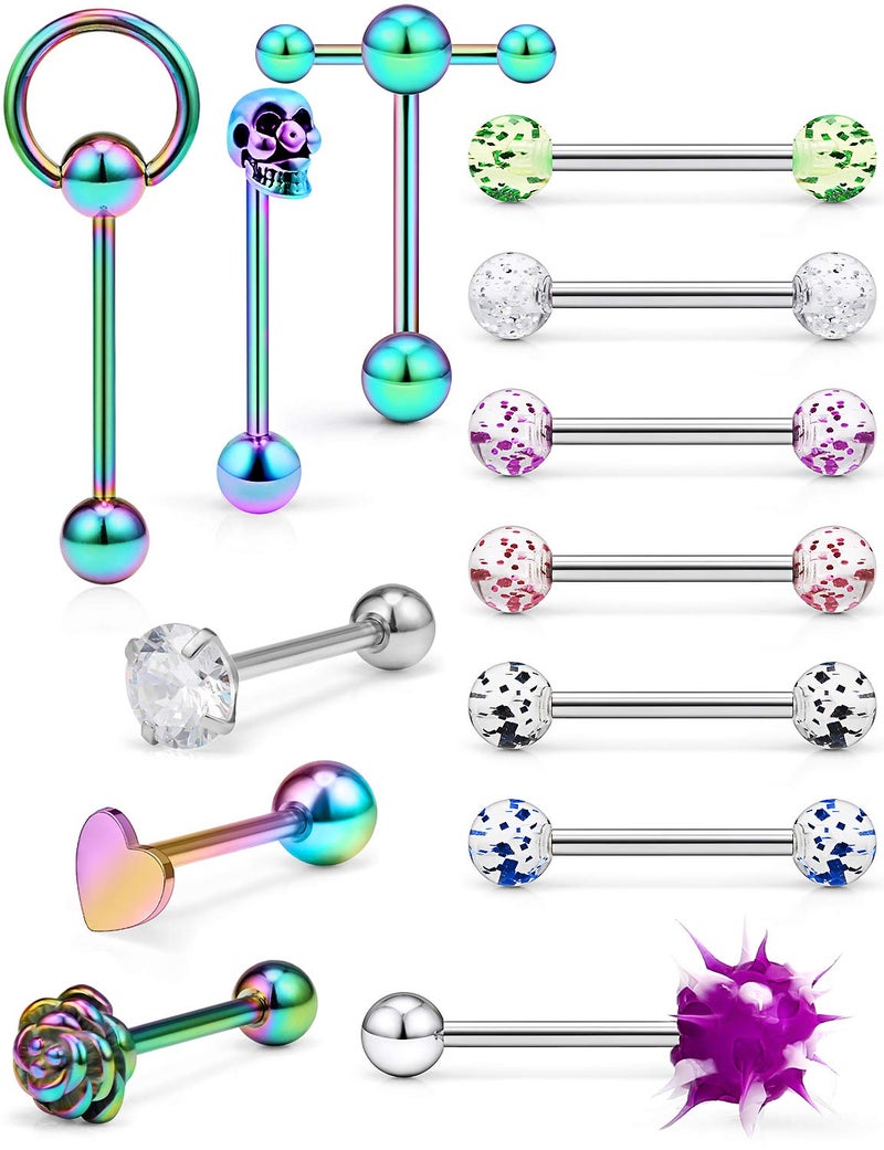 Hoeudjo 13Pcs 14G Surgical Steel Tongue Rings Teaser Double Barbell with Slave Ring Body Piercing Jewelry for Women Men 16mm Rainbow Heart Diamond Flower - Image 1