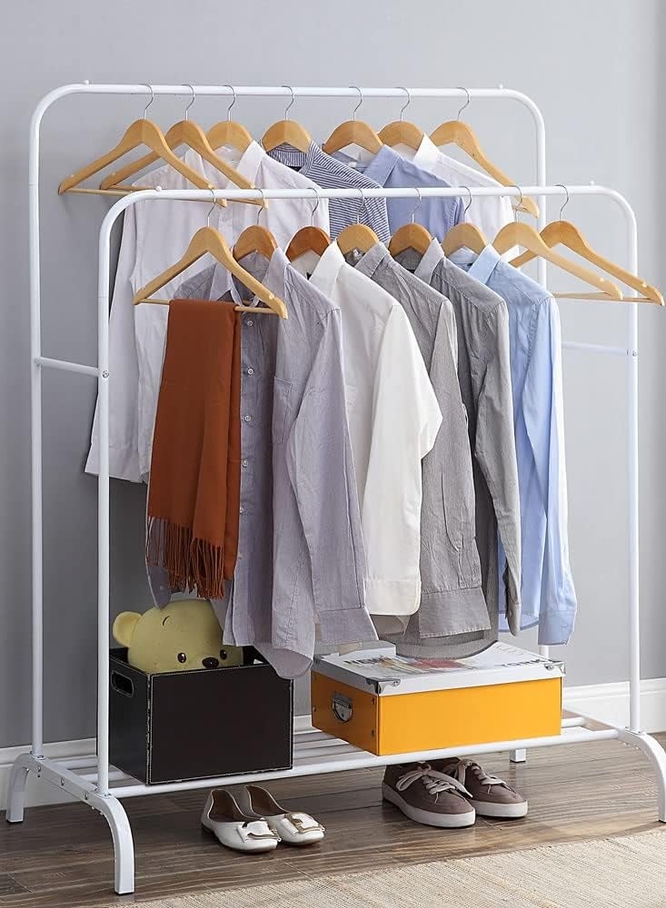 Arabest 43.3 Inch Hanger  Heavy Duty Double Rod Metal Clothes Rack - Freestanding Garment Hanger for Abayas & Dresses (144x110x55cm) White - Space Saving Bedroom/Wardrobe Organizer  - Image 3
