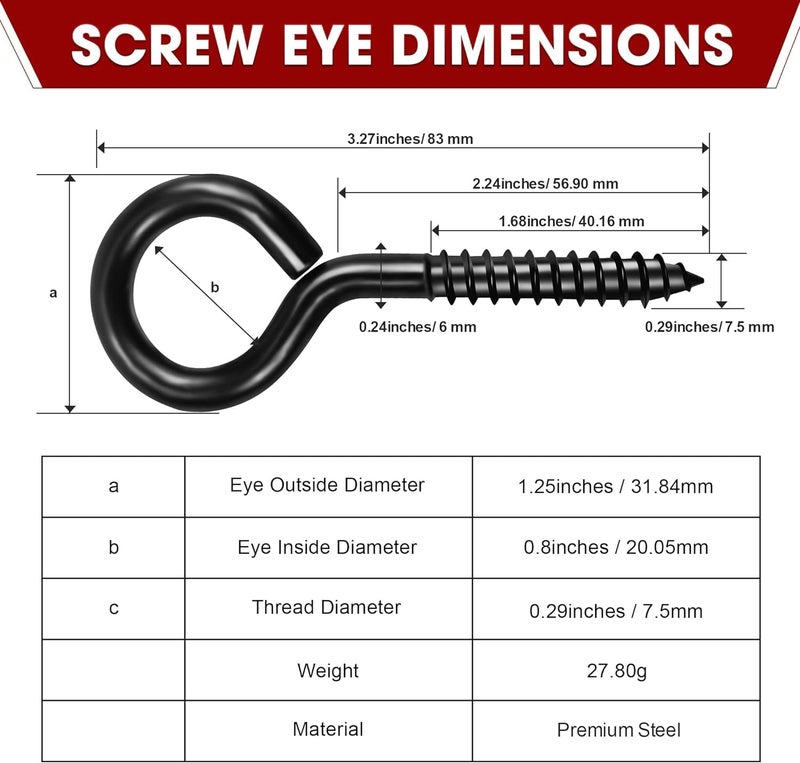 PAMAZY 14PCS Black Screw Eyes - 3.2 Inch Heavy Duty Eye Bolts, Cable & Wire Securer - Hammock Stand, Indoor & Outdoor Use - Image 3