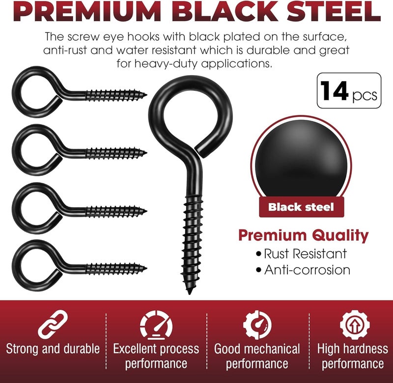 PAMAZY 14PCS Black Screw Eyes - 3.2 Inch Heavy Duty Eye Bolts, Cable & Wire Securer - Hammock Stand, Indoor & Outdoor Use - Image 2