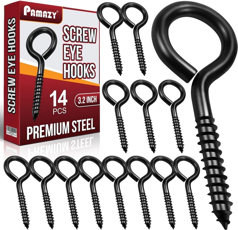 PAMAZY 14PCS Black Screw Eyes - 3.2 Inch Heavy Duty Eye Bolts, Cable & Wire Securer - Hammock Stand, Indoor & Outdoor Use - Image 1