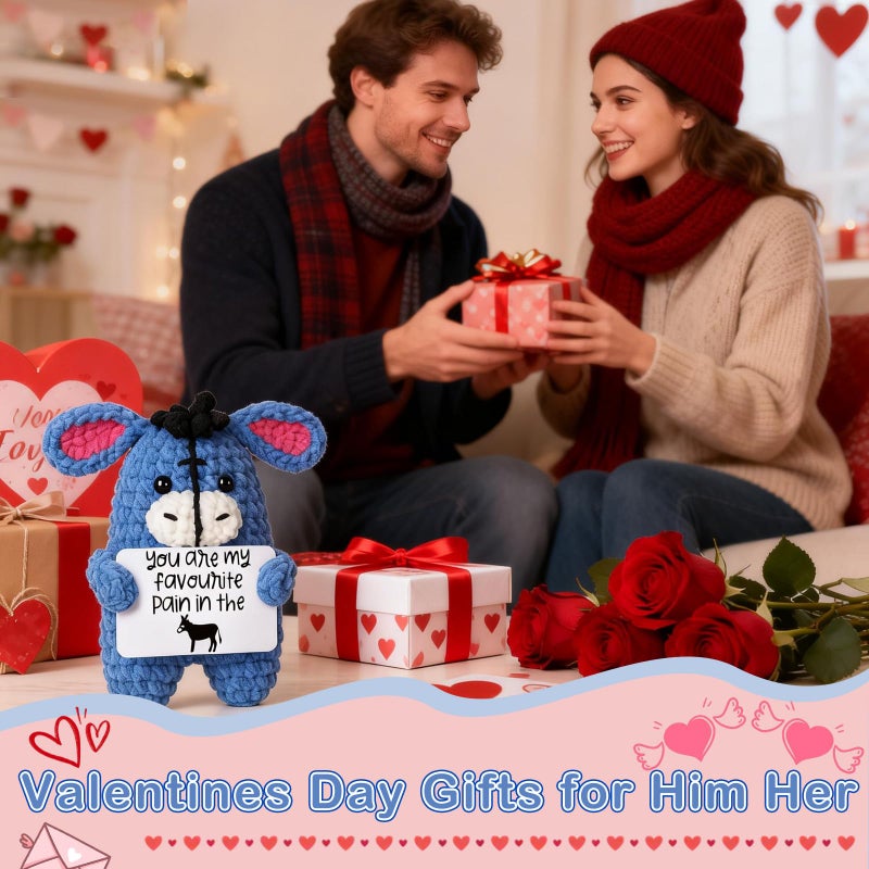 FEFAMM Funny Valentines Gifts for Him Her Boyfriend Girlfriend, I Love You Gift Sarcastic Couples Gag Anniversary Birthday Gifts for Husband Wife Mini Handmade Crochet Donkey Valentines Day Decorations - Image 2