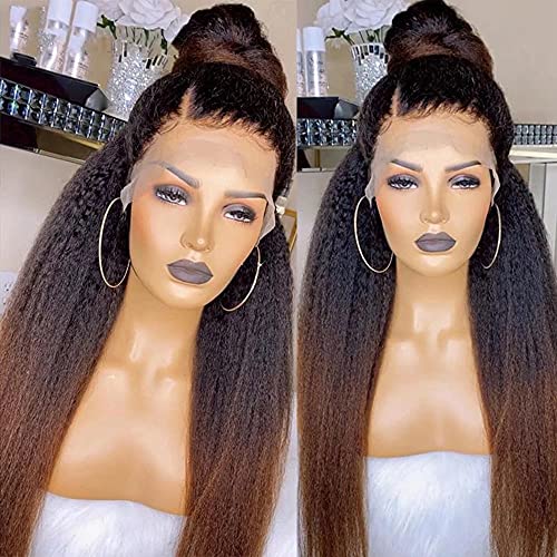 ten chopsticks 1B30 Ombre Color Kinky Straight Hair Wig 360 HD Transparent Lace Front Wig Human Hair Wigs 150 Density Yaki Straight Human Hair Wig for Women Full End Glueless Brazilian Hair 360 HD Lace Wig 14 inch - Image 1