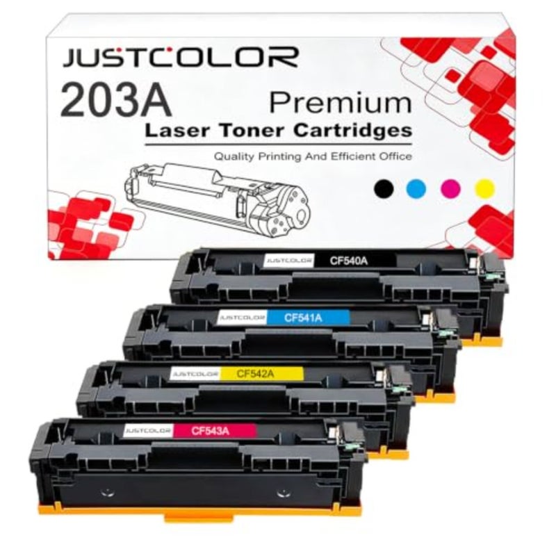 بديل حبر الطابعة المكتبية HP 203A CF540A/CF541A/CF542A/CF543A، أسود/سماوي/أرجواني/أصفر، 4 عبوات عالية الإنتاجية، متوافقة مع سلسلة Color LaserJet M254dw/M254nw/M280/M281cdw - Image 1
