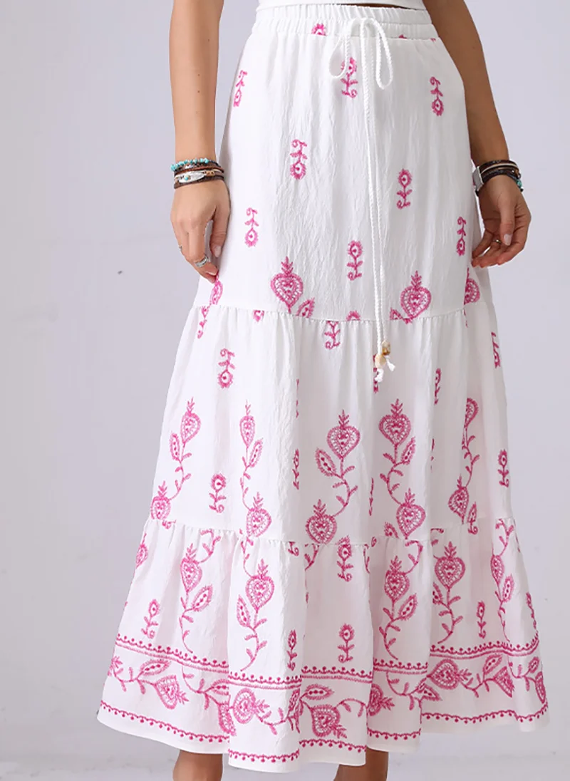 YUNIQEE White Self Design Flared Midi LengthFloral Print Skirts