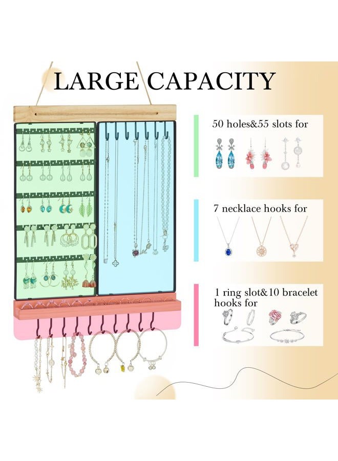Feyejade Hanging Jewelry Organizer, 6-Tier Wall Earring Holder with Wooden Ring Groove, Jewelry Rack Wall Mounted for Earrings, Necklaces, Bracelets and Rings, Jewelry Holder Stand - Image 4