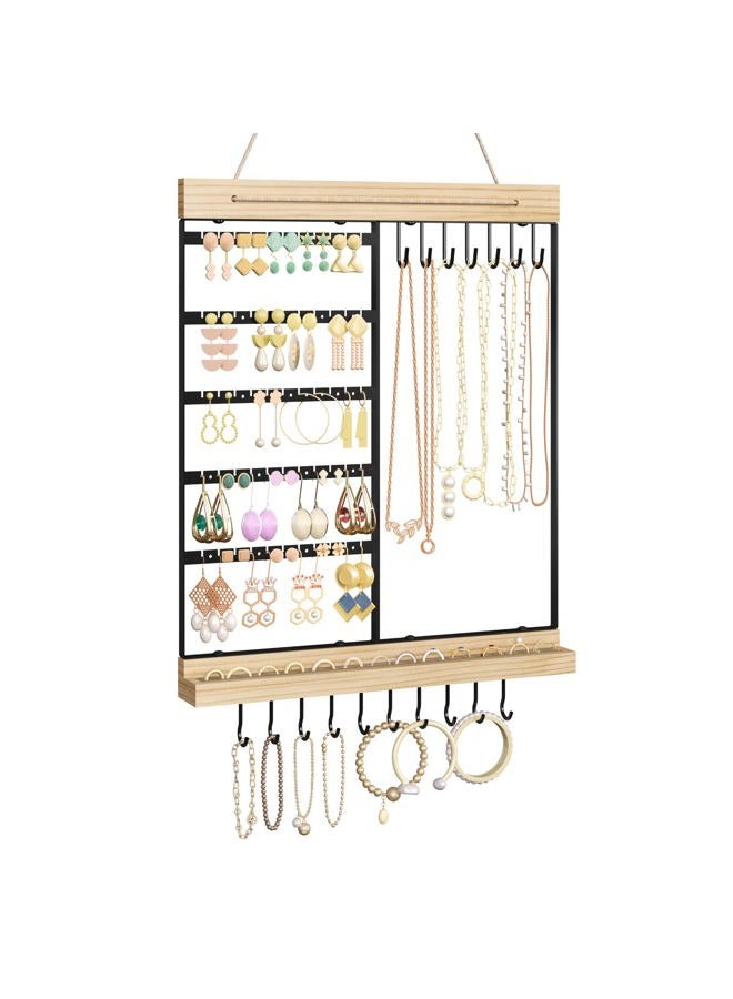 Feyejade Hanging Jewelry Organizer, 6-Tier Wall Earring Holder with Wooden Ring Groove, Jewelry Rack Wall Mounted for Earrings, Necklaces, Bracelets and Rings, Jewelry Holder Stand - Image 1