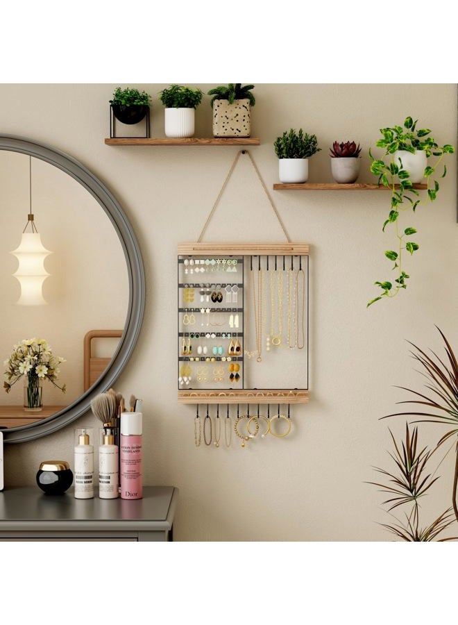 Feyejade Hanging Jewelry Organizer, 6-Tier Wall Earring Holder with Wooden Ring Groove, Jewelry Rack Wall Mounted for Earrings, Necklaces, Bracelets and Rings, Jewelry Holder Stand - Image 3