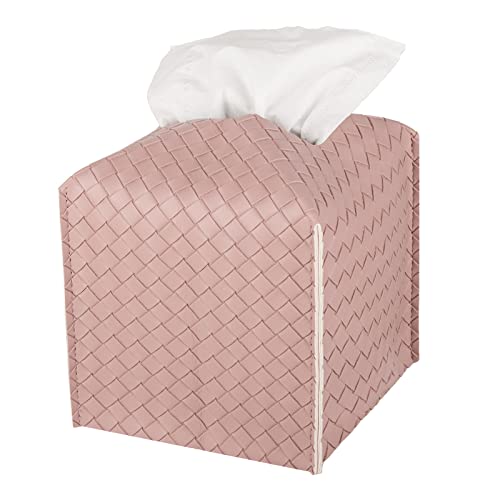 Tissue Box Cover PU Leather Tissue Holder Square Facial Tissue Case Facial Paper Organizer Dispenser for Bathroom Vanity Countertop Tabletop Car Pink