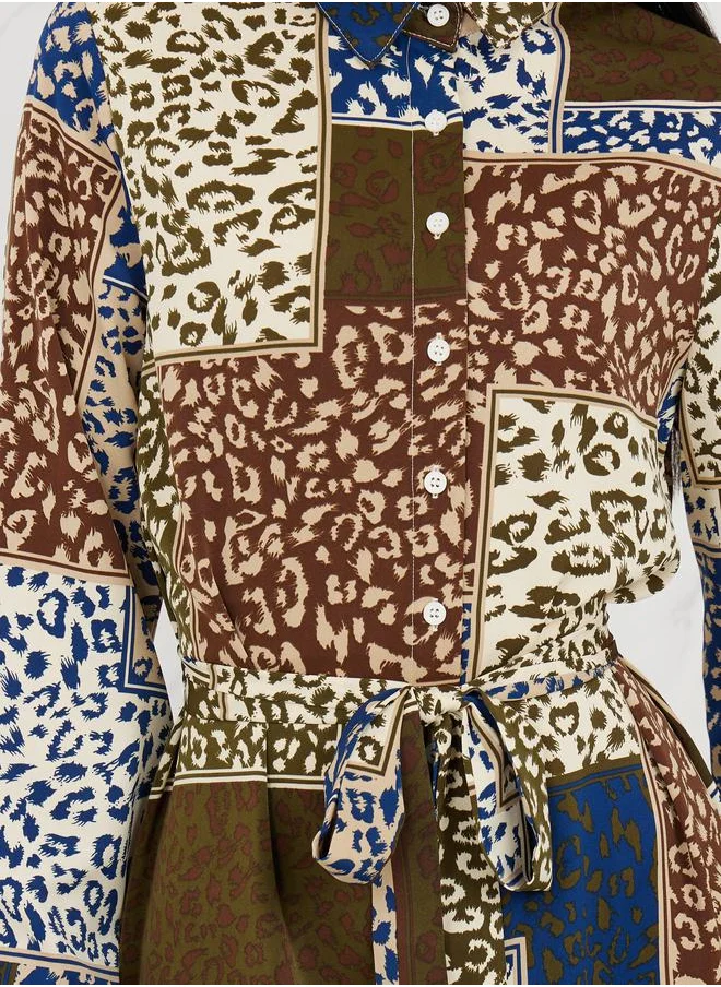 ستايلي Animal Print Self Tie Up Shirt Midi Dress