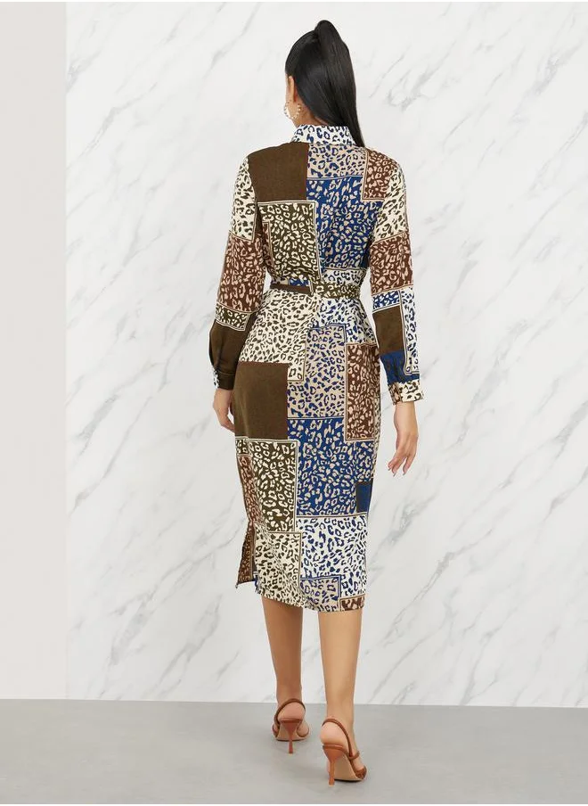 ستايلي Animal Print Self Tie Up Shirt Midi Dress