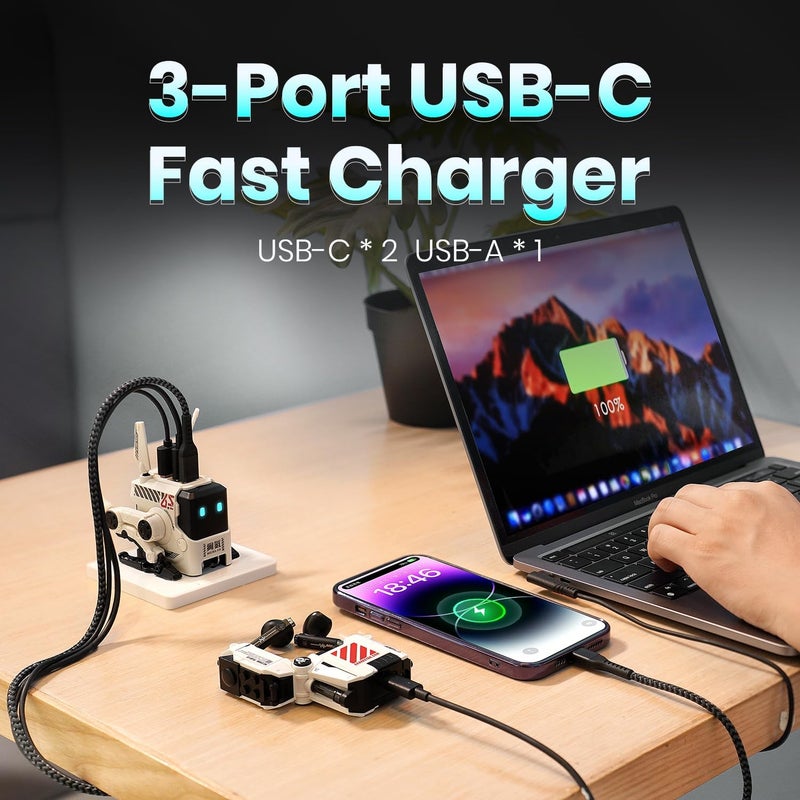 جرافا ستار شاحن حائط Gravastar Alpha65 GaN بقدرة 65 واط - أبيض الفجر (قابس أوروبي-بريطاني)، منفذا USB Type-C PD ومنفذ USB Type-A واحد، شحن سريع بتقنية GaN، 8 حمايات مدمجة مختلفة - Image 3