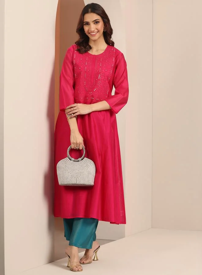 Libas Pink Embroidered Silk Blend Straight Kurta