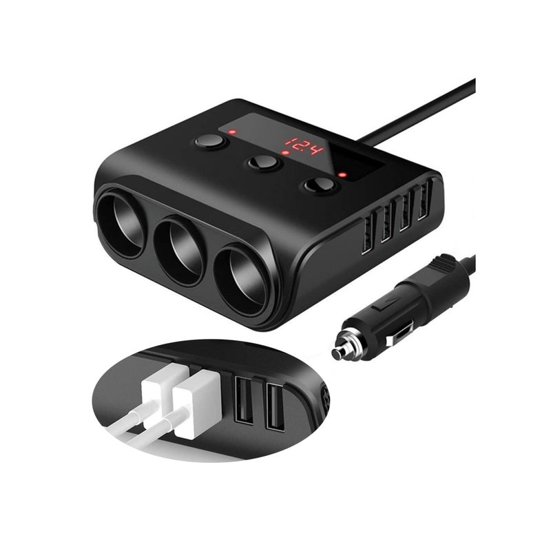 Zikra 3 Socket Car Cigarette Lighter Adapter, 12V/24V 100W Car Cigarette Lighter Splitter 3.1A 4 USB Port Car Charger with Separate Switch and LED Voltage Display for Mobile Phone - Image 1