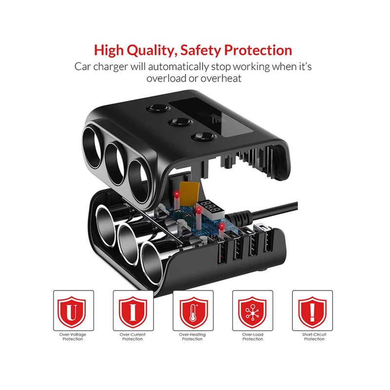 Zikra 3 Socket Car Cigarette Lighter Adapter, 12V/24V 100W Car Cigarette Lighter Splitter 3.1A 4 USB Port Car Charger with Separate Switch and LED Voltage Display for Mobile Phone - Image 5