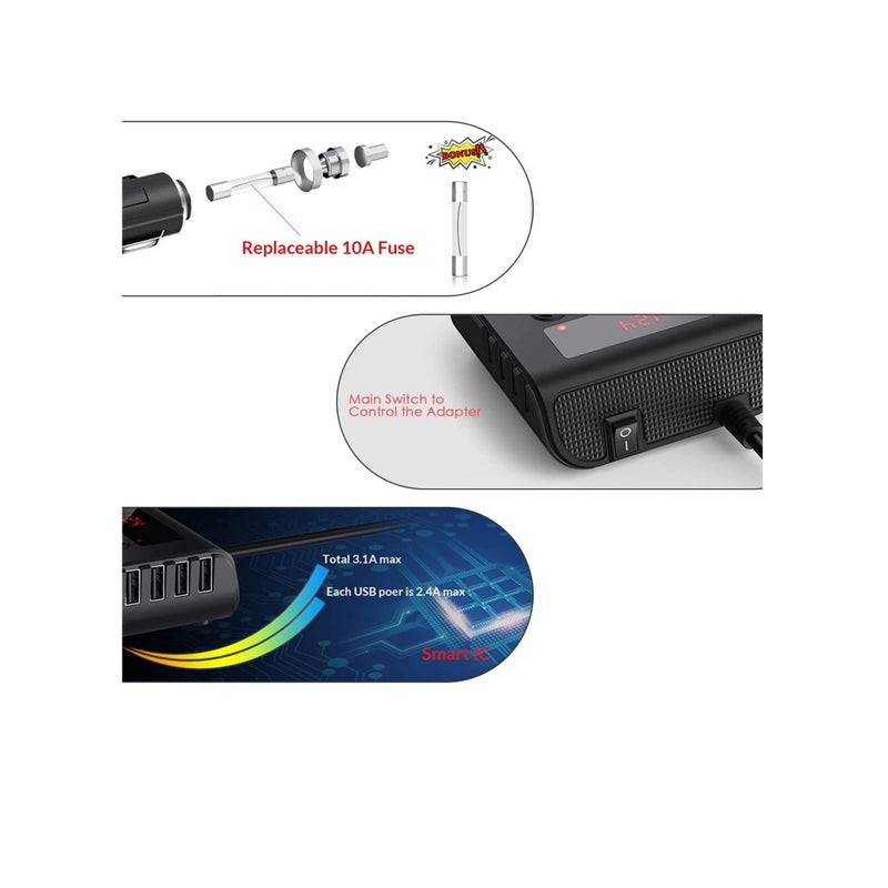 Zikra 3 Socket Car Cigarette Lighter Adapter, 12V/24V 100W Car Cigarette Lighter Splitter 3.1A 4 USB Port Car Charger with Separate Switch and LED Voltage Display for Mobile Phone - Image 4