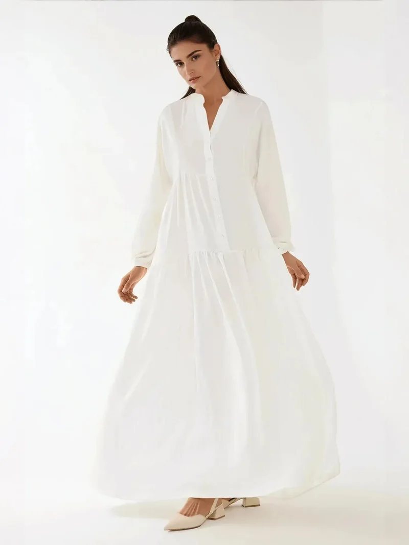 HICCUP Textured V-Neck Maxi Dress with Button Detail