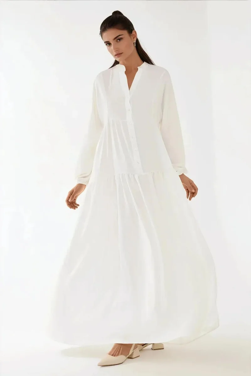 Hiccup Textured V-Neck Maxi Dress with Button Detail