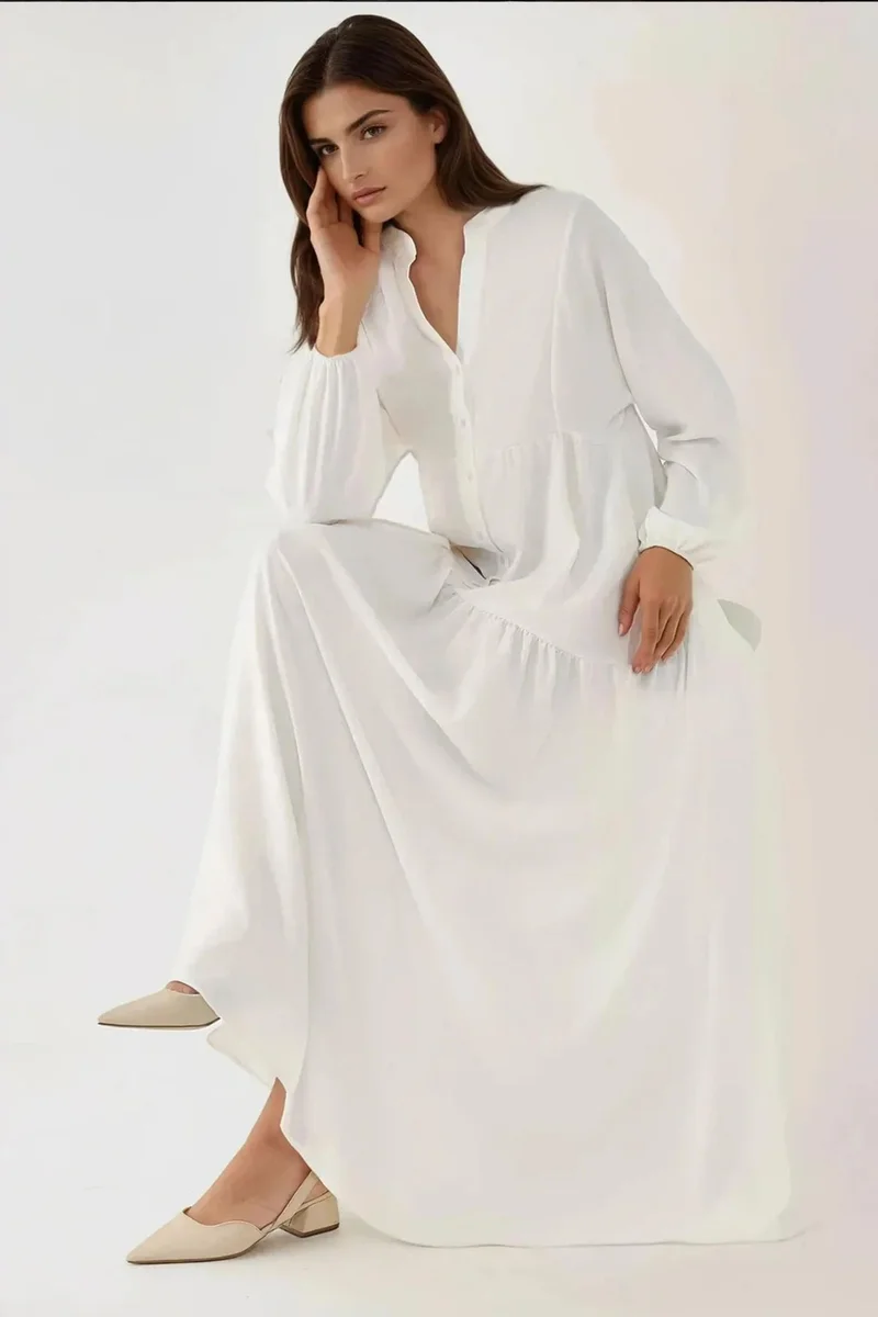 Hiccup Textured V-Neck Maxi Dress with Button Detail