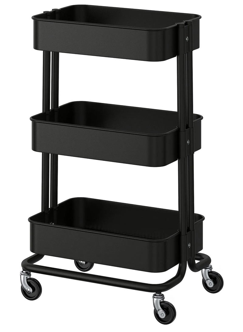 3-Tier Rolling Metal Storage Organizer, Mobile Utility Cart, Multi-Functional Storage Cart for Kitchen with Lockable 360°Caster Wheels Black