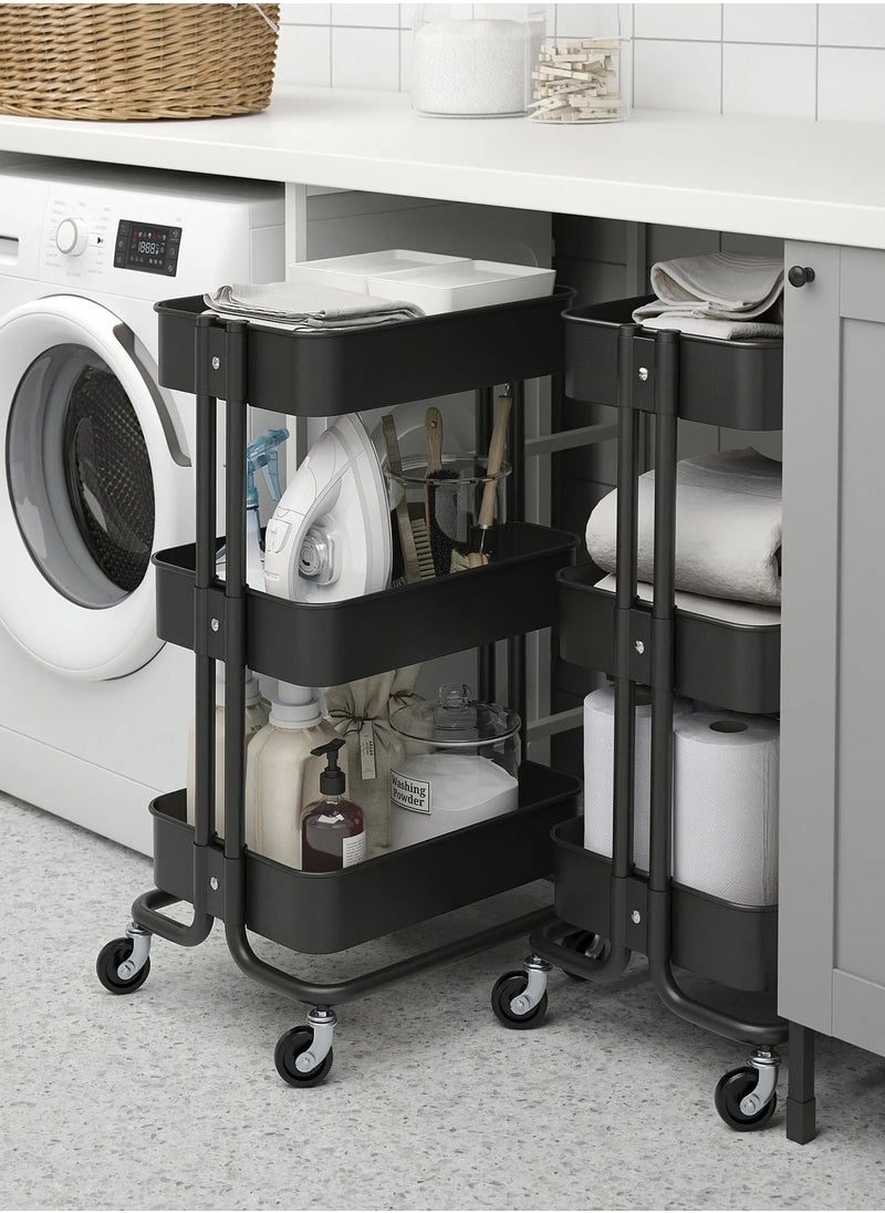 3-Tier Rolling Metal Storage Organizer, Mobile Utility Cart, Multi-Functional Storage Cart for Kitchen with Lockable 360°Caster Wheels Black