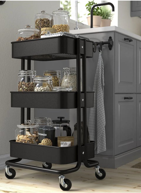 3-Tier Rolling Metal Storage Organizer, Mobile Utility Cart, Multi-Functional Storage Cart for Kitchen with Lockable 360°Caster Wheels Black