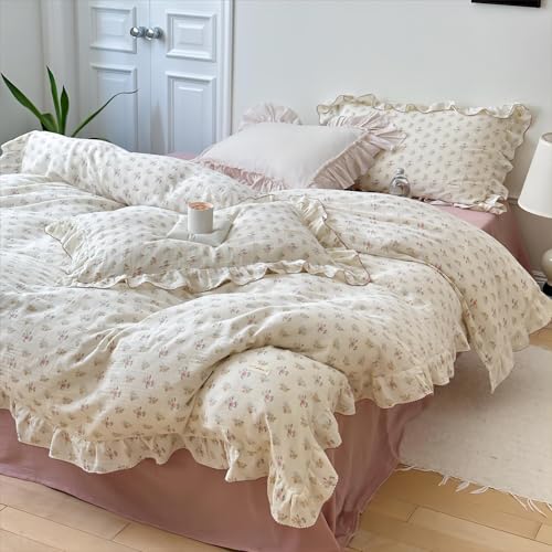 BuLuTu 100 Cotton Muslin Duvet Cover Twin for Kids Girls Boys Shabby Chic Azalea Floral Duvet Covers Vintage Farmhouse ComforterQuilt Cover with Ruffles 68x86 Zipper Closure No Pillow