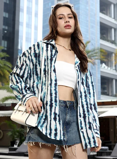 PINACOLADA Pinacolada Women's Indigo Blue Tie-Dye Lined Oversized Shirt | Spread Collar , Long Cuffed Sleeves , Button Closure | Tie-Dye Plain Material | Nylon Viscose Shirt For Casual Wear