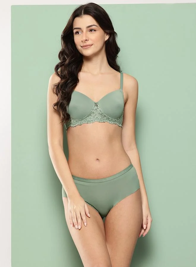 Leading Lady Green Lace Detail Lightly Padded Non Wired Bra and Brief Set