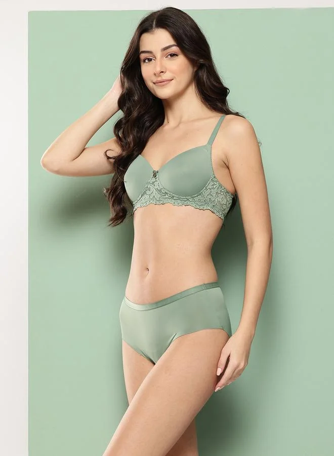 Leading Lady Green Lace Detail Lightly Padded Non Wired Bra and Brief Set