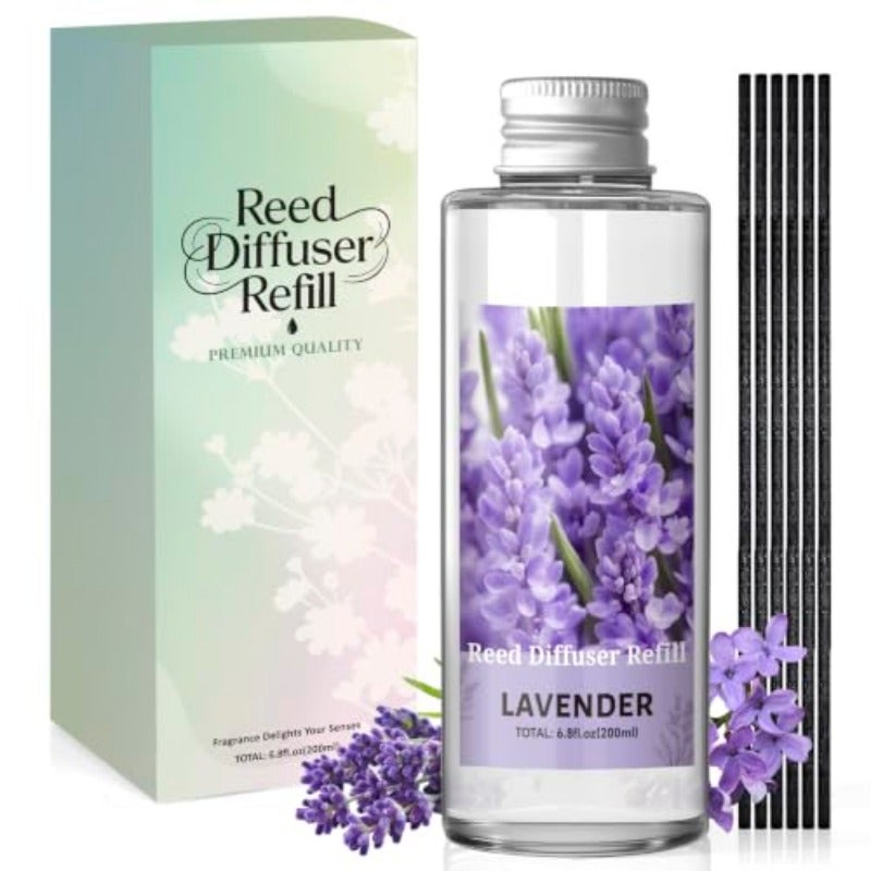 Lavender Reed Diffuser Refill 200ml with 6 Reed Sticks Long-Lasting Diffuser Oil Refill with Soft Floral Aroma for Bedrooms Bathrooms Living Room and Evening Spaces - Image 1