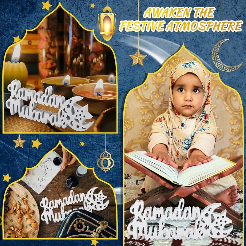 Queekay ديكور طاولة رمضان من كويكاي - لافتة خشبية مبارك - زينة خشبية مباركة - ديكور طاولة للحفلات باللون الفضي - Image 3
