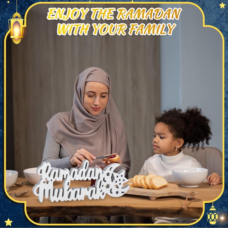 Queekay ديكور طاولة رمضان من كويكاي - لافتة خشبية مبارك - زينة خشبية مباركة - ديكور طاولة للحفلات باللون الفضي - Image 4