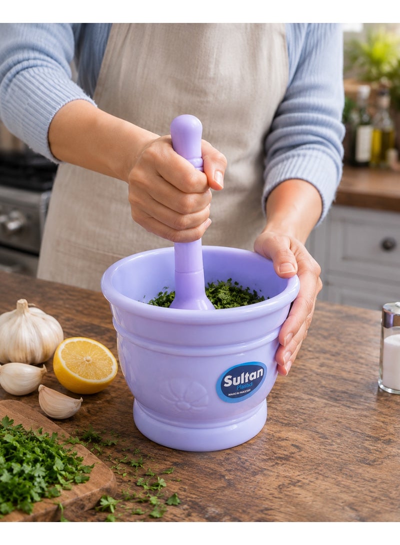Sultan Plast Heavy-Duty Plastic Mortar and Pestle Set, Lavender Light Purple Herb and Spice Grinder, Garlic Crusher Bowl - Image 2
